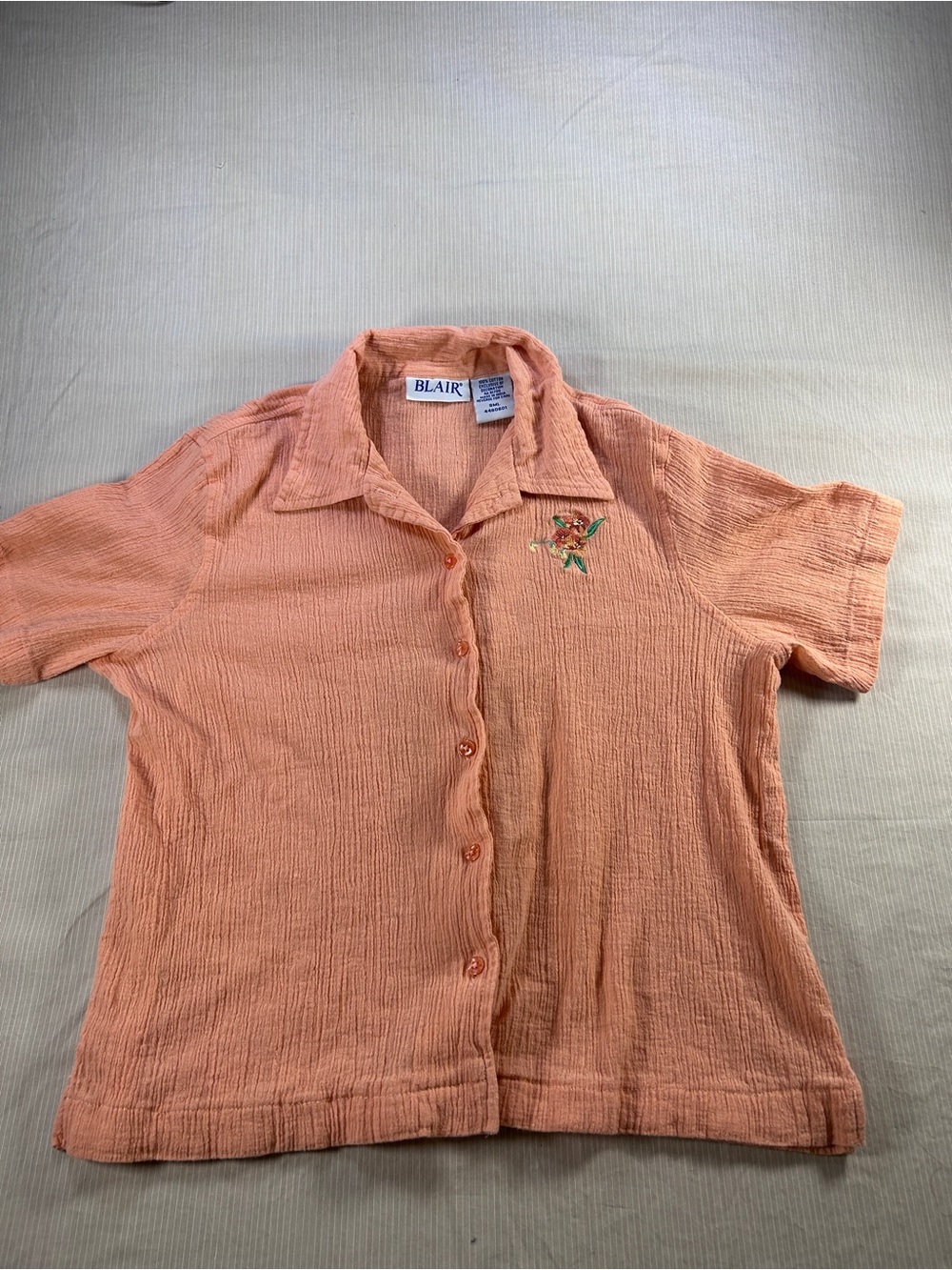 Blair Peach crinkle gauze Button-Up Shirt with Embroidered Flower